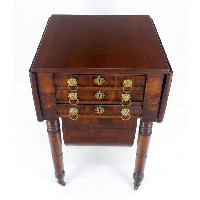 Solid flame Mahogany Turned Legs 3 Drawer Drop Leaf Sewing Stand Cabinet MINT Drop Leaves are 10" long.