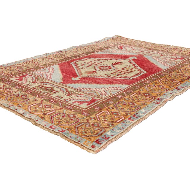 54114 Vintage Turkish Oushak Rug, 03'09 x 05'04. The Crimson Talisman: A Vintage Turkish Oushak Masterpiece of Ancestral...