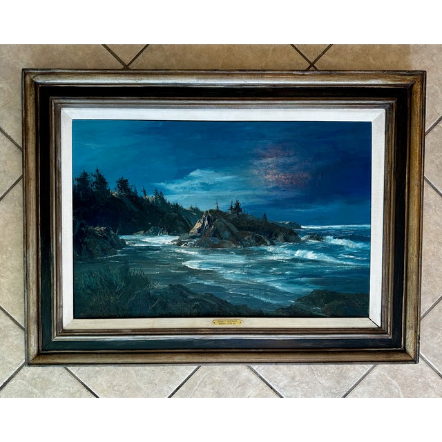 1950s Bennett Bradbury "Moonrise Depoe Bay" Large Coastal Seascape Oil Painting For Sale - Image 5 of 16