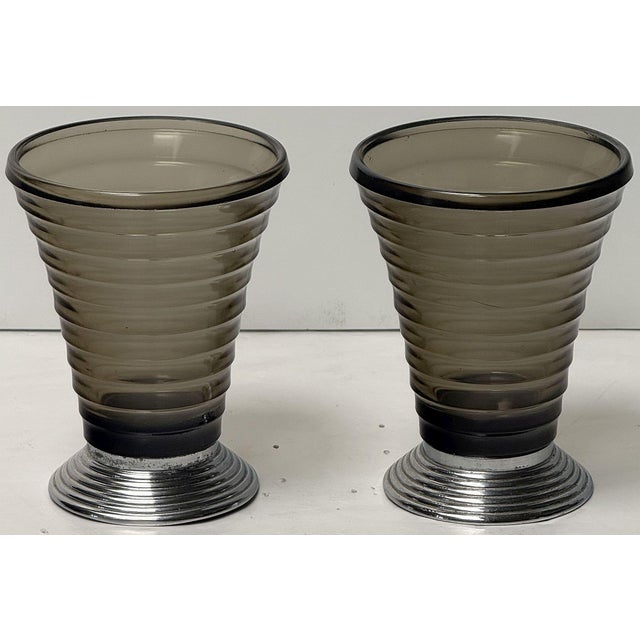Art Deco Vases of Ribbed Smoked Glass and Chrome - From France (Two Available) For Sale - Image 12 of 15