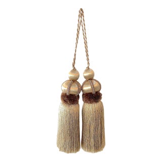 Pair of Taupe Key Tassels W Cut Velvet Ruche For Sale