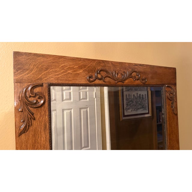 English Vintage Oak Floor Mirror With Carved Crest and Claw Feet For Sale - Image 3 of 8