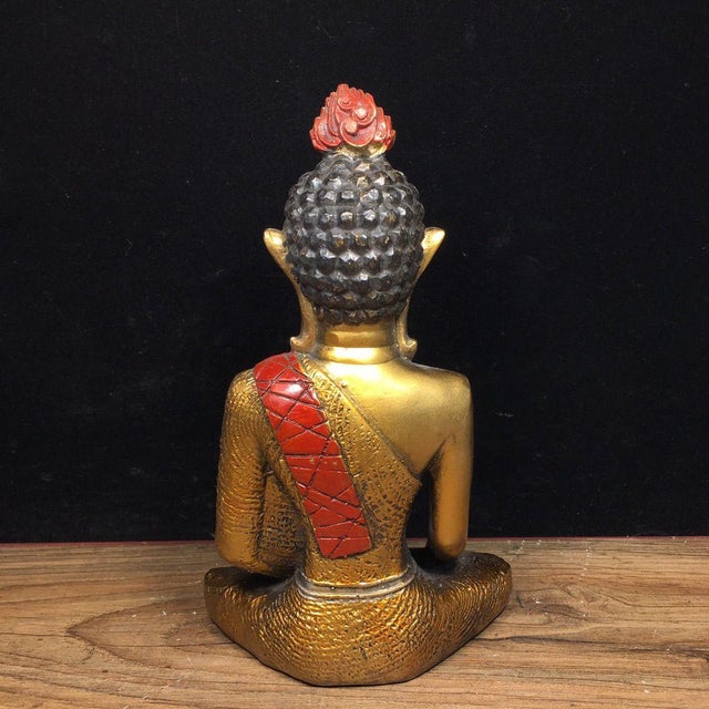 Red Vintage Gilt Bronze Seated Buddha Statue With Red Robe For Sale - Image 8 of 9