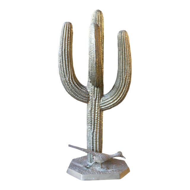 Large Brass Saguaro Cactus With Road Runner Sculpture — Korea, Circa 1970s For Sale