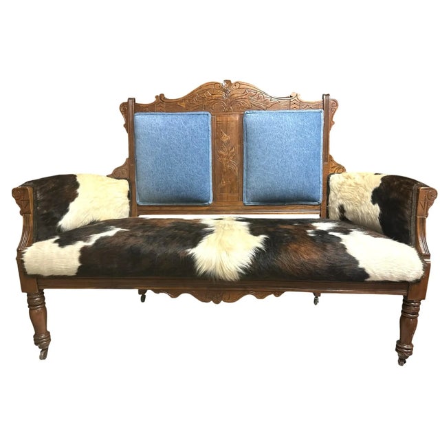 'Desperado Eastlake' 19th Century Parlor Seating Reupholstered in Cowhide and Denim For Sale - Image 11 of 12