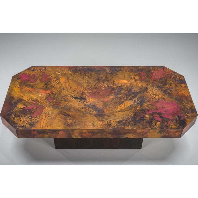 Rare German coffee table featuring a hand-engraved and acid-etched copper top with abstract design. Signed by the artist...