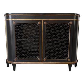 1930s Hollywood Regency Ebonized & Giltwood Wire-Mesh Door Cabinet For Sale