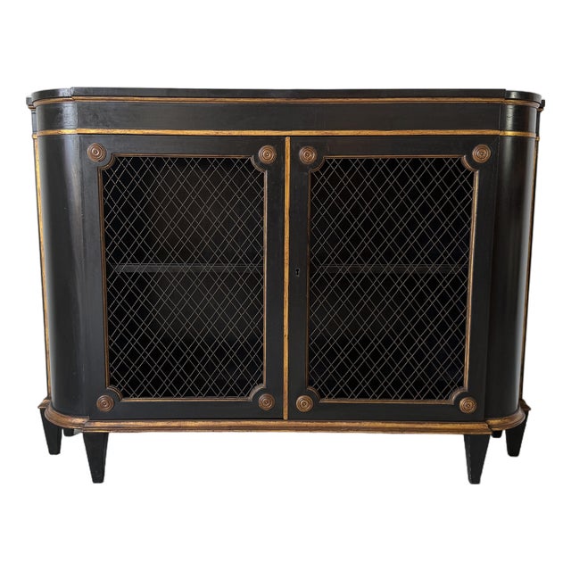 1930s Hollywood Regency Ebonized & Giltwood Wire-Mesh Door Cabinet For Sale