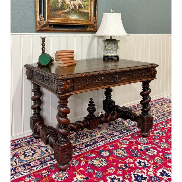 French Antique French Henri II Style Writing Desk Barley Twist Carved Walnut 19th C For Sale - Image 3 of 18