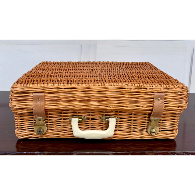 Vintage English Sirram Wicker Picnic Hamper Suitcase With Blue Interior & Plates For Sale - Image 4 of 14