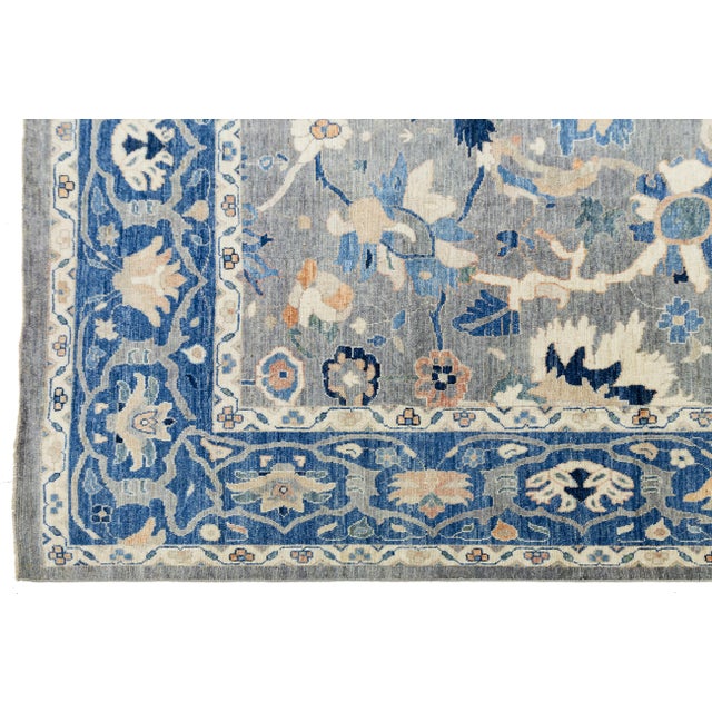 12x15 Modern Floral Oushak Style Wool Area Rug in Muted Slate Blue For Sale - Image 9 of 11