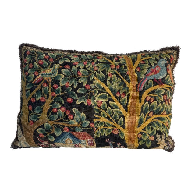 Early 1600s English Needlepoint Pillow With Birds and Fruit Trees For Sale