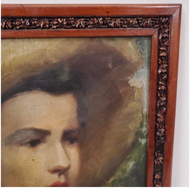 1900 - 1909 Antique Oil Portrait of a Young Boy in a Straw Hat For Sale - Image 5 of 18