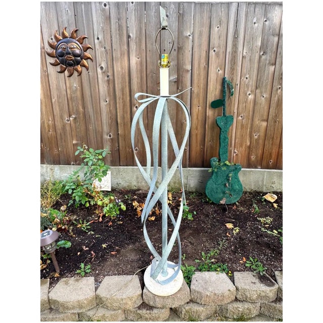 Contemporary Vintage Metal Ribbon Bow Floor Lamp With Travertine Base For Sale - Image 3 of 10