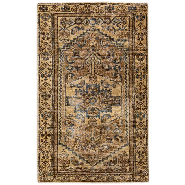 Textile 1960s Vintage Persian Distressed Handmade Geometric Brown Wool Rug For Sale - Image 7 of 7