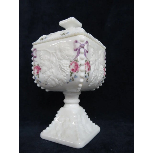 Late 20th Century Westmoreland Milk Glass Beaded Edge Square Grape Pedestal Candy Bowl For Sale - Image 5 of 11