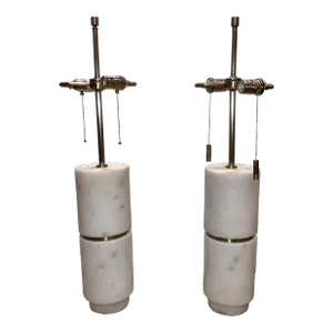 Baker Modern White Marble Band Table Lamps Pair