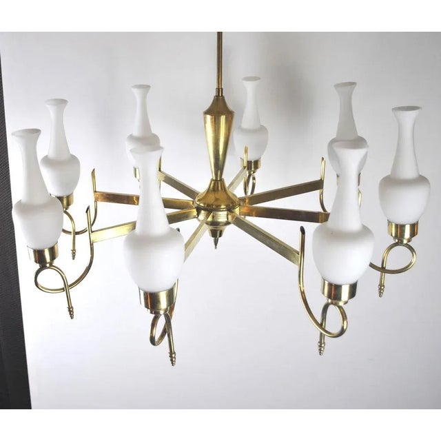 Mid-Century Brass and Opaline Glass Chandelier, 1950s For Sale - Image 4 of 15