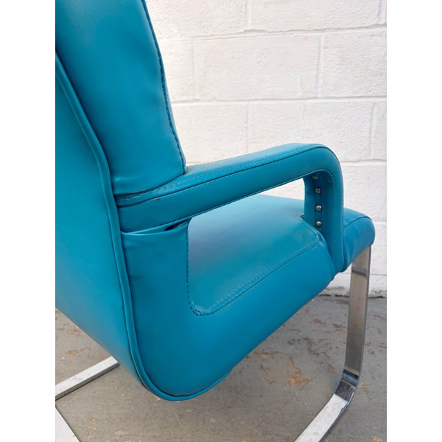 Vintage Blue Vinyl Flat Bar Chrome Dining Chairs - Set of 6 For Sale - Image 17 of 17