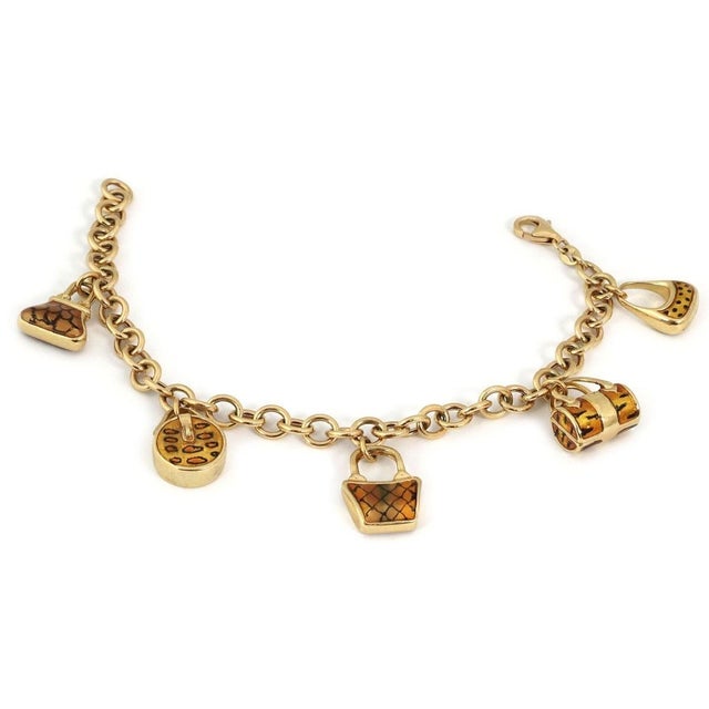 Contemporary Mid 20th Century Enamel 5 Bag Charms 14k Yellow Gold Chain Bracelet For Sale - Image 3 of 4