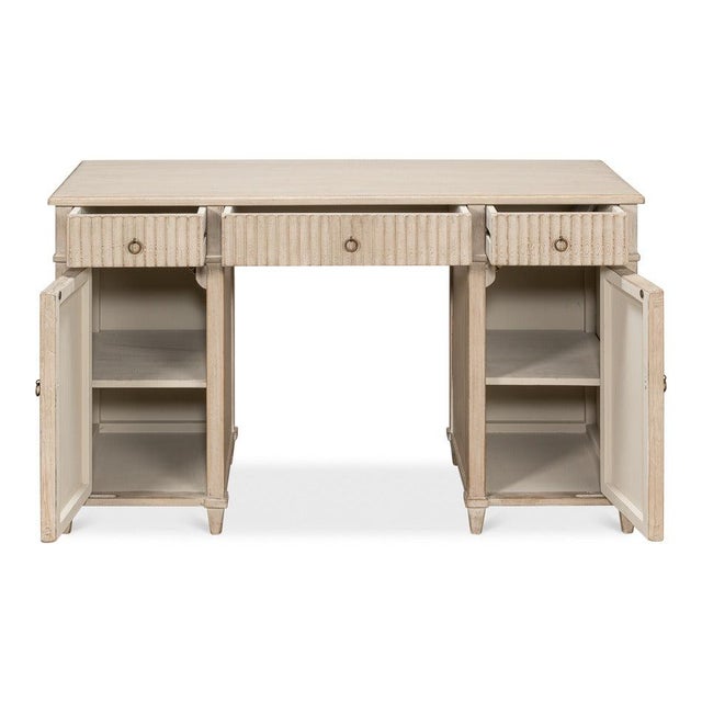 Neoclassical Reeded Pine Pedestal Desk in Stone Grey For Sale - Image 3 of 11