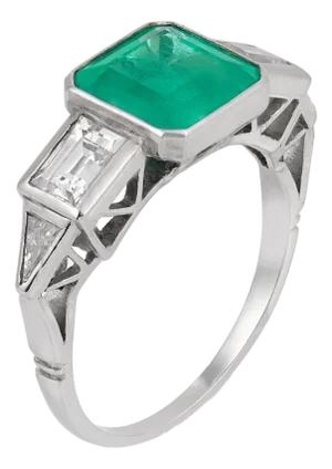 1920s Art Deco Inspired 1.97 Carat Emerald Diamond Platinum Ring, Size 5.5