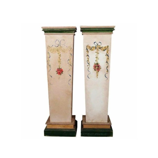 Set of Two Vintage Country French Paint Decorated Wooden Column Pedestals For Sale - Image 6 of 10