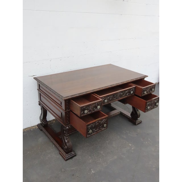 Late 1800s Victorian Large Heavy Hand Carved Cherub Partner Desk 6656 For Sale - Image 4 of 17