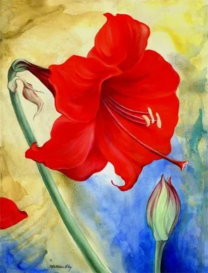 "Red Blossoms 2" Contemporary Botanical Still Life Mixed-Media Painting