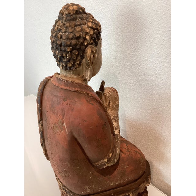 Late 19th Century Antique Solid Wood Carved Buddha Statue Sculpture For Sale - Image 5 of 12