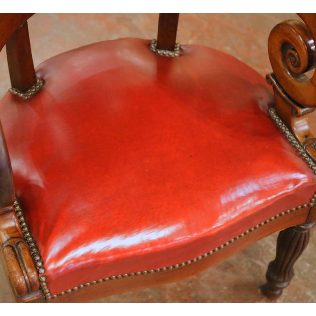 French 19th Century French Louis Philippe Carved Walnut and Leather Desk Armchair For Sale - Image 3 of 9