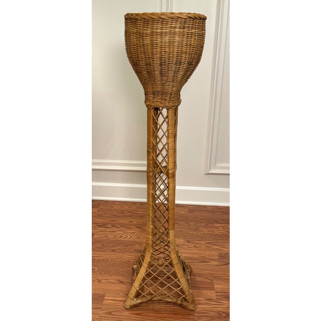 Mid-Century Modern Vintage Monumental Coastal Rattan Wicker Plant Stand For Sale - Image 3 of 12