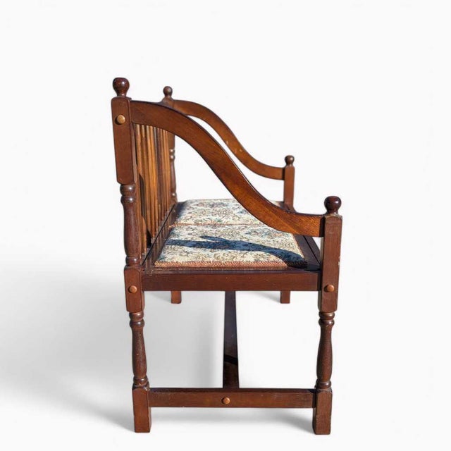 Chestnut Vintage Spindle Back Wood Settee With Floral Cushions For Sale - Image 8 of 16