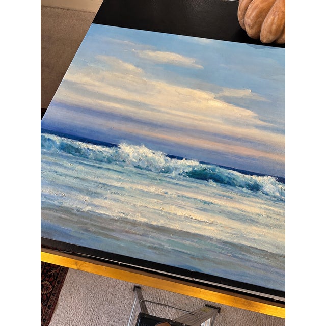 Original Coastal Seascape Oil Painting on Canvas – Ocean Waves & Soft Blue Sky – 24 X 36" For Sale - Image 4 of 5