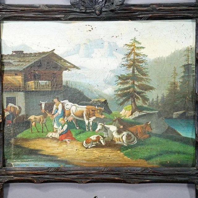 Rustic Folksy Scene with Cattles, Goats and Farmer's Wives, 1900s, Oil Painting For Sale - Image 3 of 9