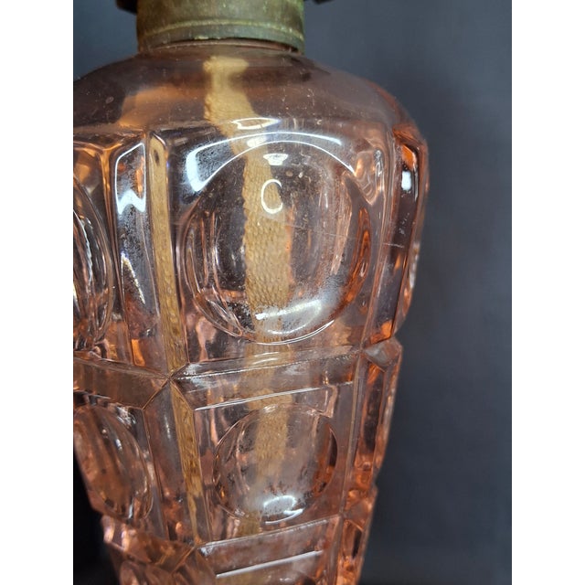 Vintage Pink Pressed Glass Kerosene Table Lamps - Matching Pair With Chimneys For Sale - Image 11 of 13