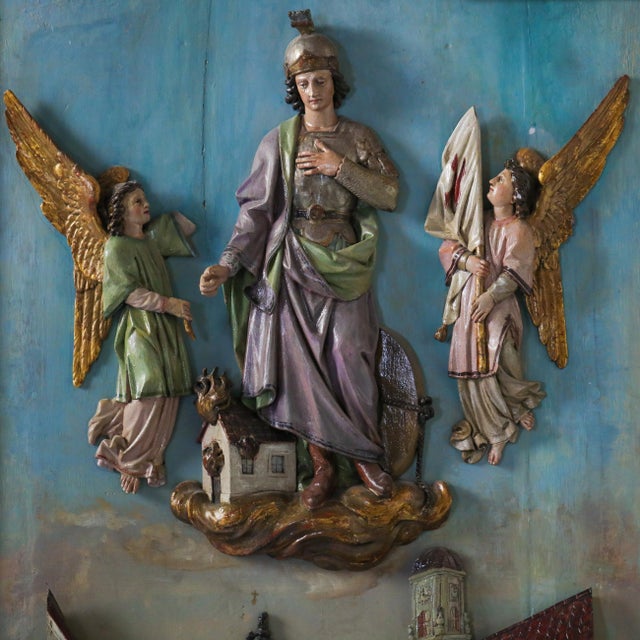 Mid 19th Century Large 19th Century Saint Florian Carved Relief Plaque in Gilt Arched Frame For Sale - Image 5 of 14