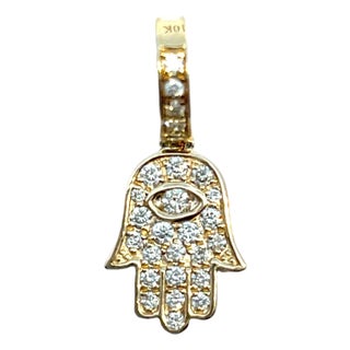 10k Yellow Gold Diamond Studded Hamsa Pendant Charm For Sale