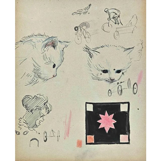 Cats and Riders is an original Drawing on paper realized by French painter Norbert Meyre in the mid-20 century. Drawing in...