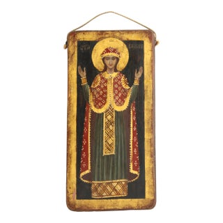 Mid 20th Century Beautiful Christian Icon of Saint Barbara, Hand Painted Wood, 13.25"x6.5" For Sale