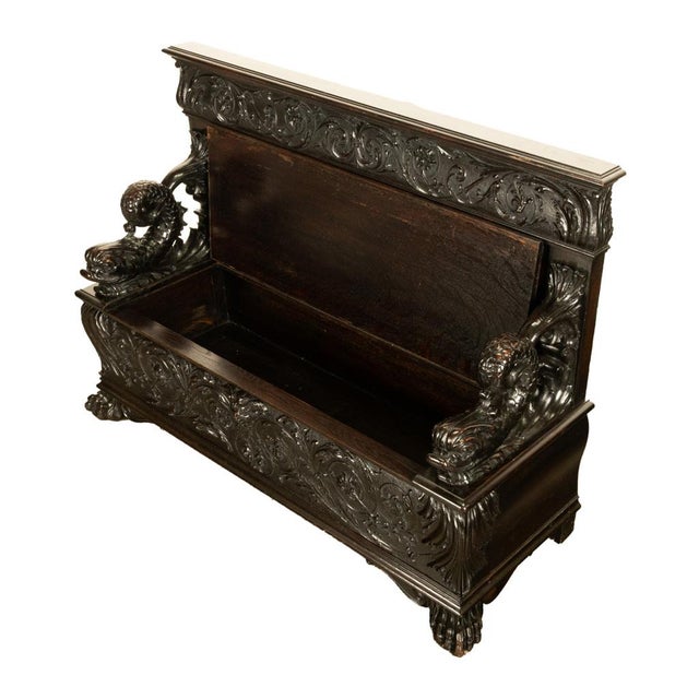 Antique Italian Renaissance Revival Carved Walnut Hall Bench Chest Dolphins 1870 For Sale - Image 4 of 14