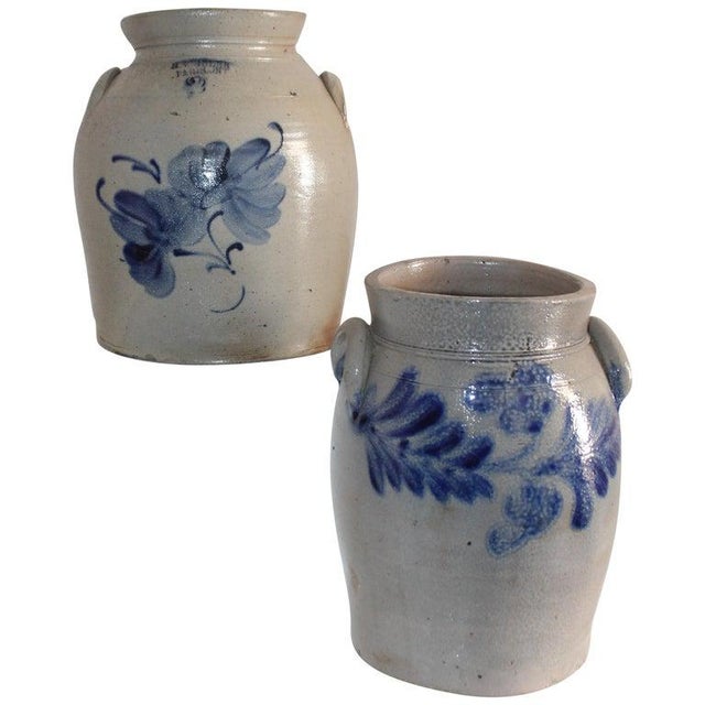 19th Century Decorated Stone Ware Pottery Crocks a Pair Chairish