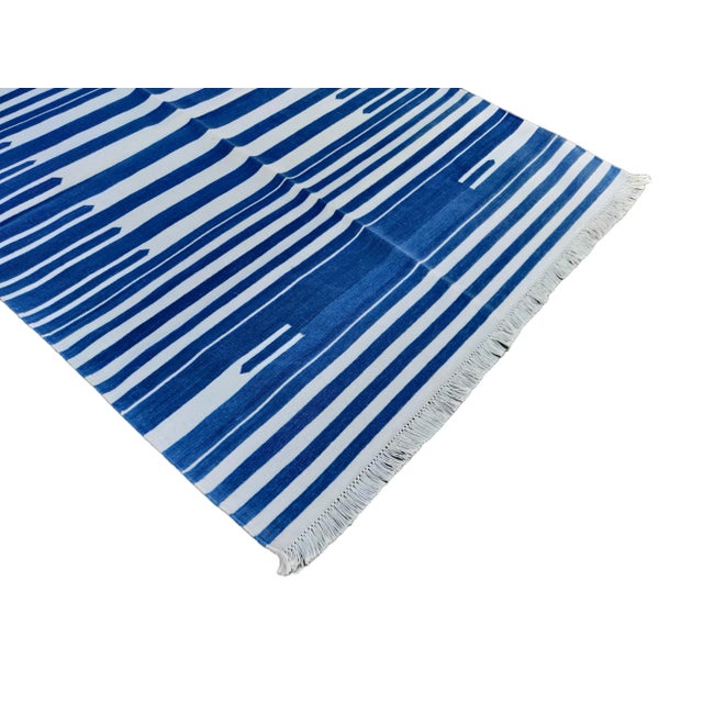 Handmade Cotton Natural Vegetable Dyed Flat Weave Reversible Blue and White Striped Rug - 8'x10' For Sale - Image 6 of 11