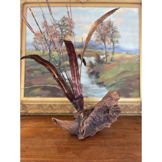 Mid-Century Curtis Jere Style Brutalist Cattail Sculpture in Welded Copper and Brass Toned Metals on Driftwood Base. For Sale - Image 9 of 10