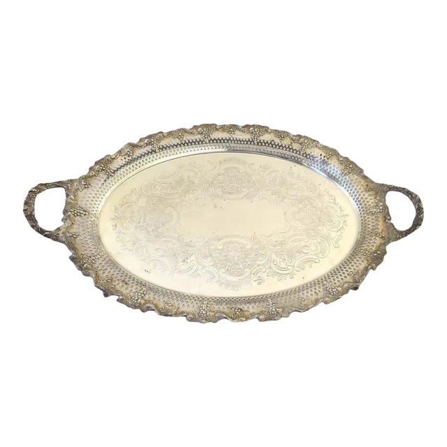 English Oval Footed Silver Plated Tray Grapes Motif For Sale
