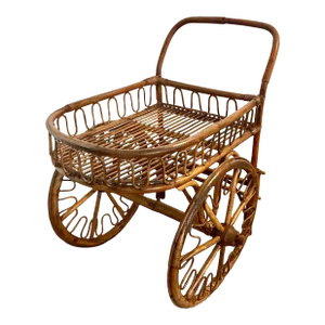 Vintage Rattan French Rivera Drinks Trolley Bar Cart Attributed to Adrien Audoux & Frida Minet C. 1950's