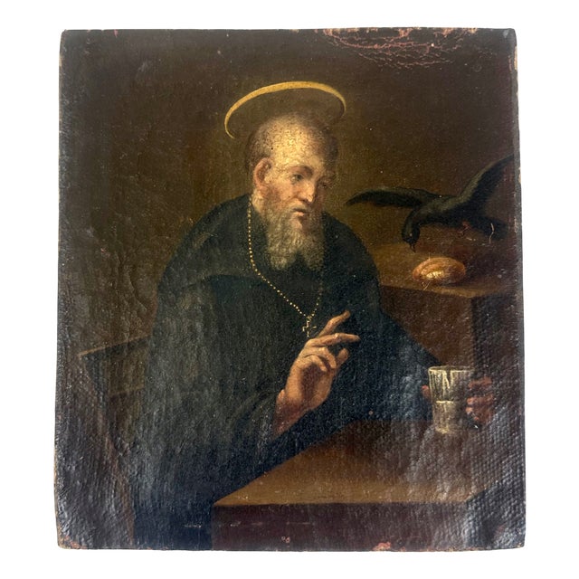 Italian Artist, St. Benedict with a Raven, 17th Century, Oil on Canvas For Sale
