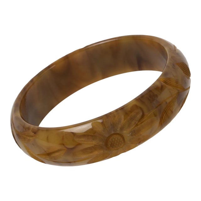 Bakelite Bracelet Carved Bangle Custard and Toffee Marble For Sale