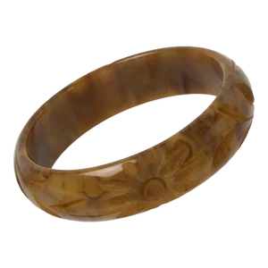 Bakelite Bracelet Carved Bangle Custard and Toffee Marble
