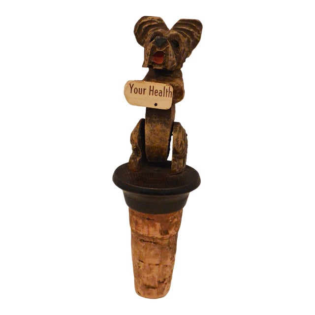 Antique Italian Anri Hand-Carved Wood Terrier - Mechanical Movement Bottle Stopper For Sale